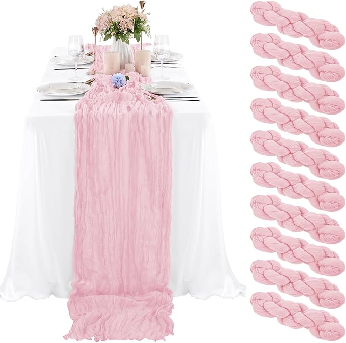 10 Pcs Light Pink Cheesecloth Table Runner 10FT, Gauze Table Runner for Wedding Reception Sheer Bridal Shower Birthday Party Boho Table Decoration, Rustic Romantic Wedding Runner