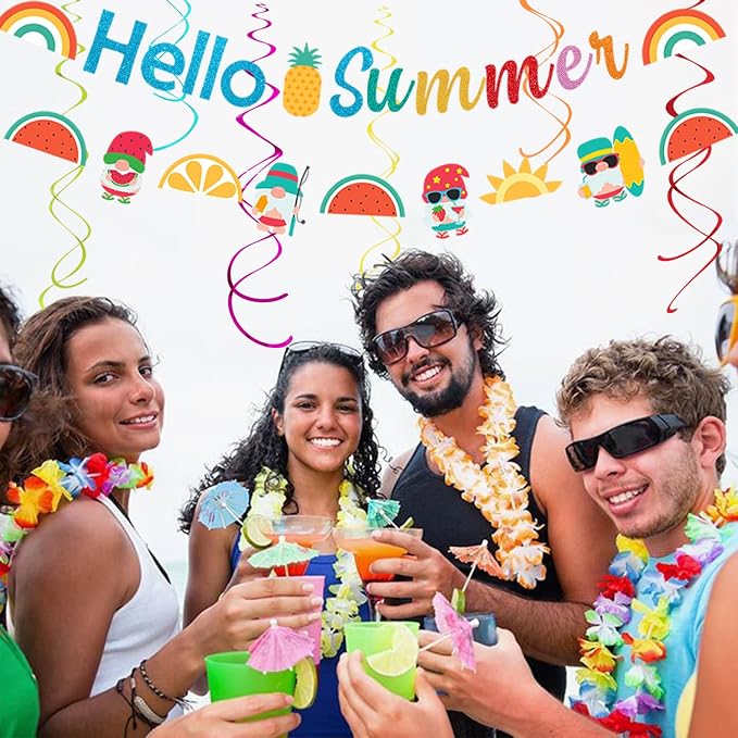 Summer Luau Hawaiian-Beach Party-Decorations Supplies - 21pcs Hello Banner,Pool Paper Lanterns Honeycomb,Hanging Streamers Garland,Tissue Pom Poms Flowers Fans,Tropical Outdoor Theme Decor Burgleda