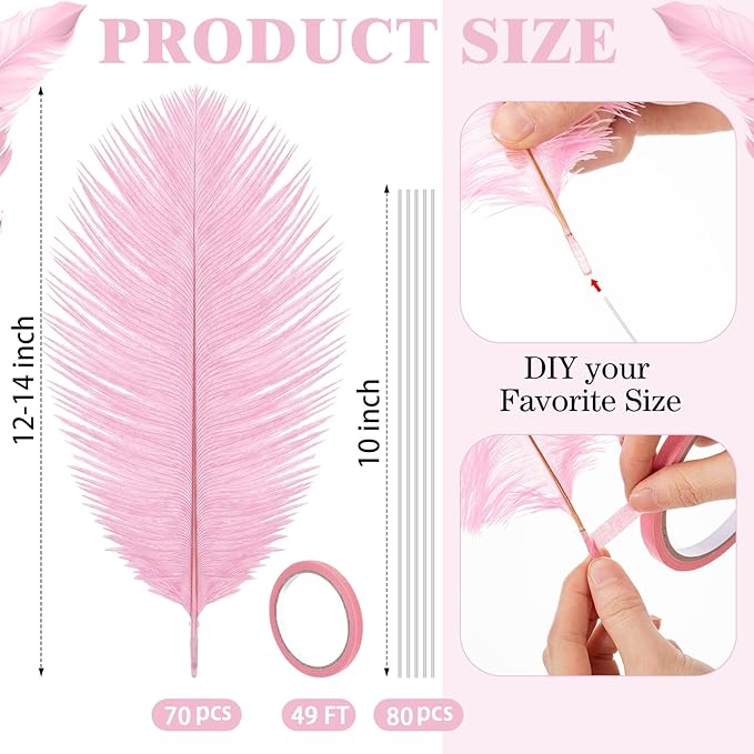 Hanaive 150 Pcs Ostrich Feathers Set Bulk Plumes 12-14 Inch (30-35cm) 70 Pcs Large Ostrich Feathers with 80 Sticks and Tape for DIY Crafts Wedding Home Party Centerpiece Decorations (Pink)