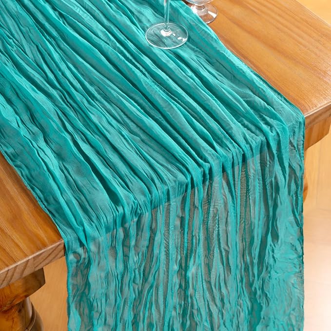 DeZerlor Teal Green Cheesecloth Table Runner 6 Pack Spring Easter Table Runners Boho Gauze 120 Inches Turquoise Cheese Cloth Table Decor for Wedding Bridal Baby Shower Parties