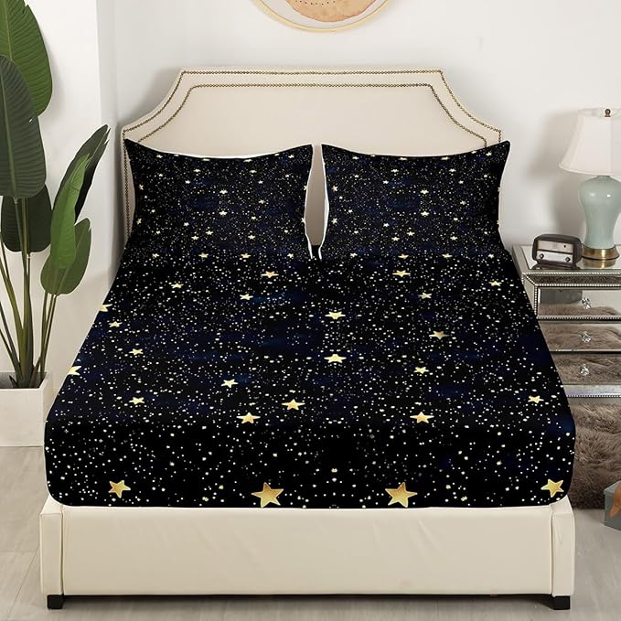 Cartoon Glitter Stars Bed Sheets Golden Starry Galaxy Decorative Sheets Set for Kids Teens Adults Outer Space View Print Dreamy Bedding Set with Flat,Fitted Sheet,2 Pillowcases Queen Size 4 Pcs