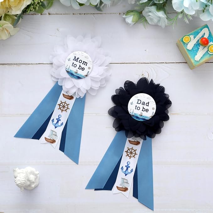 Nautical Baby Shower Maternity Sash Kit - Blue Ahoy NauticalmBaby Shower Belly Belt and Mom to Be & Dad to Be Corsage Pins, Pregnancy New Parents Photo Props Ocean Theme Party Supplies