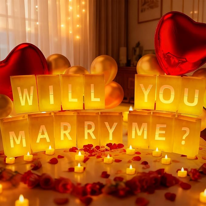 Will You Marry Me Decorations – Romantic Setup Kit with Light Up Letters, 30 Tea Light Candles, 2000 Rose Petals, 10 Balloons – Luminary Bags for Proposal Decoration(W)