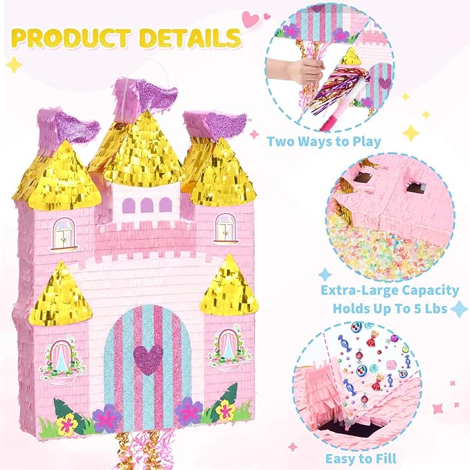 WERNNSAI Large Princess Castle Piñata - 23.6”x 16.3”Princess Birthday Party Decorations Pink Piñata with Blindfold and Bat for Girls Family Game Birthday Party Supplies Castle Design