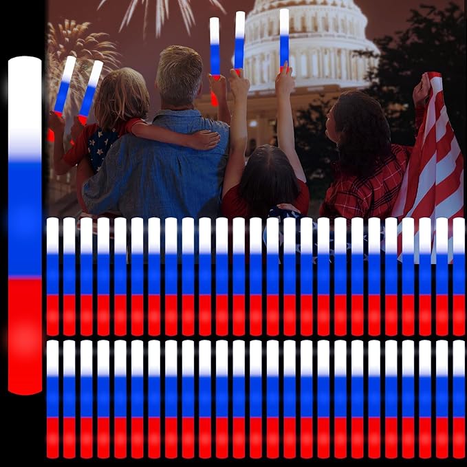 60Pack LED Glow Foam Sticks Bulk,Light Up Glow Sticks with 3 Flashing Modes,Glow Wands Party Pack,Glow In The Dark Party Supplies for July 4th, Wedding,Birthday,Concert(RedBlueWhite)