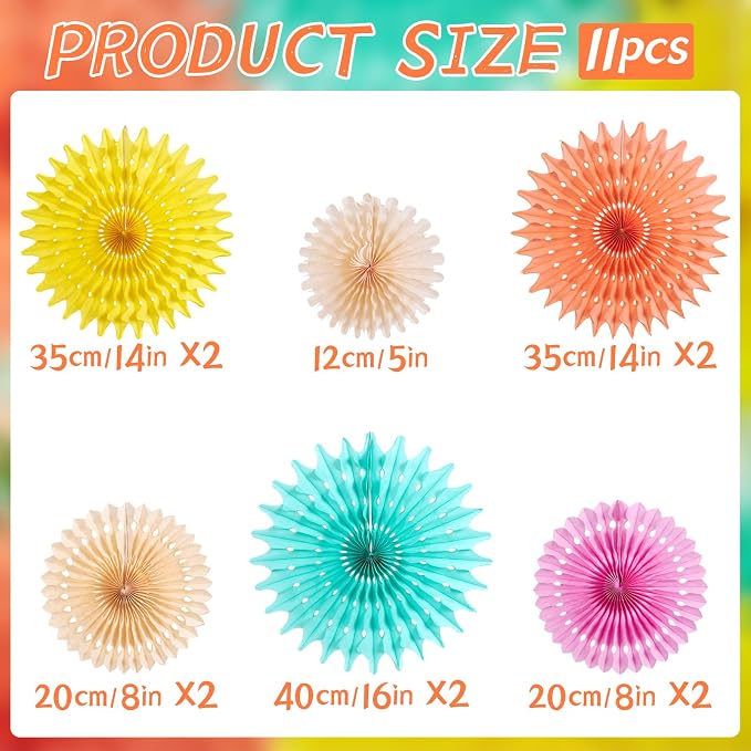 SUNBEAUTY Pack of 11 Peach Pink Yellow Mint Green Hanging Honeycomb Round Paper Fans for Birthday Baby Shower Bachelorette Anniversary Wedding Photo Booth Backdrop Party Decoration