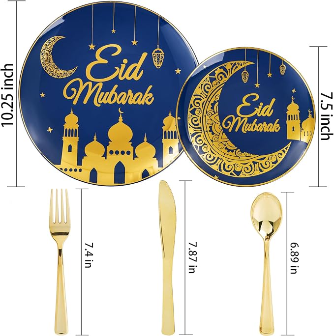 Nervure 125PCS Ramadan Plastic Plates - Eid Mubarak Plates - Blue Gold Plates Include 50 Plates 25 Spoons 25 Forks 25 Knives for Ramadan Mubarak Table Decorations Eid Al-fitr Party Favors