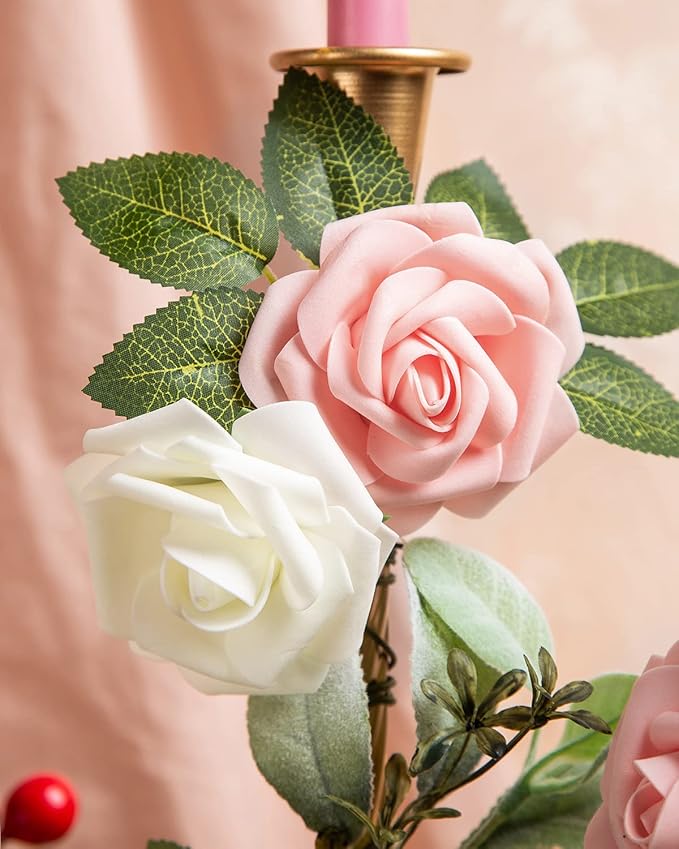 DuHouse 25Pcs Artificial Roses Flowers Fake Roses with Stems Real Touch Foam Flowers for DIY Wedding Bouquet Centerpiece Floral Arrangement Party Home Decor(Peach)