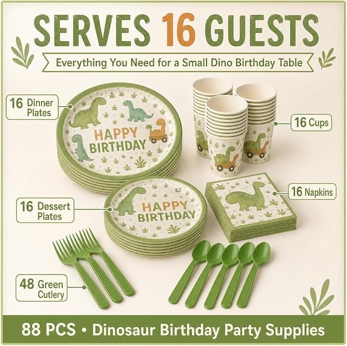 Dinosaur Birthday Decorations Party Supplies Kit, 88 PCS Dino Party Decorations Tableware Set Serves 16 with Plates Cups Napkins Cutlery Tablecloth Banner Hanging Swirls for Prehistoric Theme