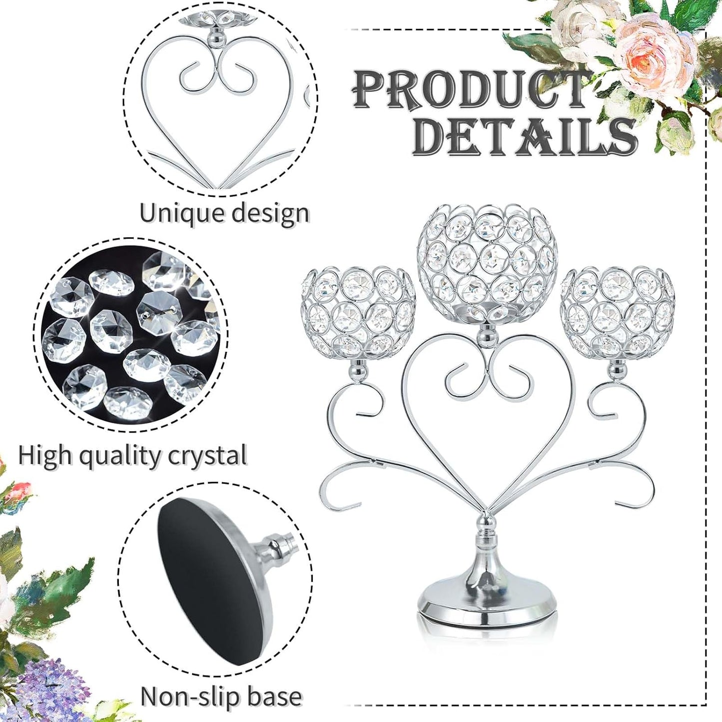 6 Pcs Silver 3-Arm Heart Tea Light Candle Holder - Crystal & Metal Wedding Centerpiece Decor, Sparkling Table Decor for Anniversaries/Romantic Tabletop Home/Dinner Party/Events