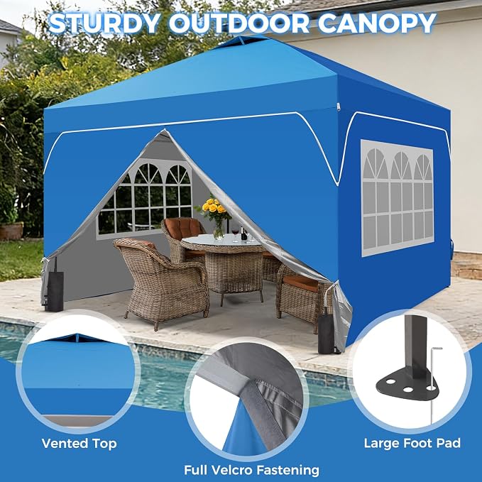 10x10FT Canopy Tent, 1-Button Push Instant Pop Up Canopy with 4 Sandbags, Easy Setup Outdoor Gazebo Shelter (Blue, 10x10 with Sidewalls)