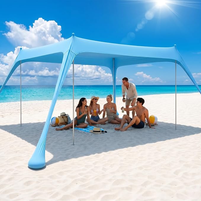 Sekey Aluminum Beach Shade Sun Shelter UPF 50+ - 10x10 FT Portable Beach Canopy with Windproof Rope & Stability Poles, Easy Setup Outdoor Tent for Camping, Backyard, Fishing, Picnics