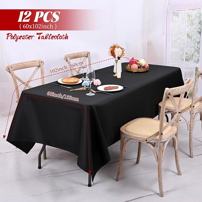 12 Pack Black Rectangle Tablecloth 60 x 102 Inch, Waterproof Polyester Table Cloth for 6 Foot Tables, Black Tablecloths Stain and Wrinkle Resistant Washable Fabric Table Cover for Party Dining Wedding