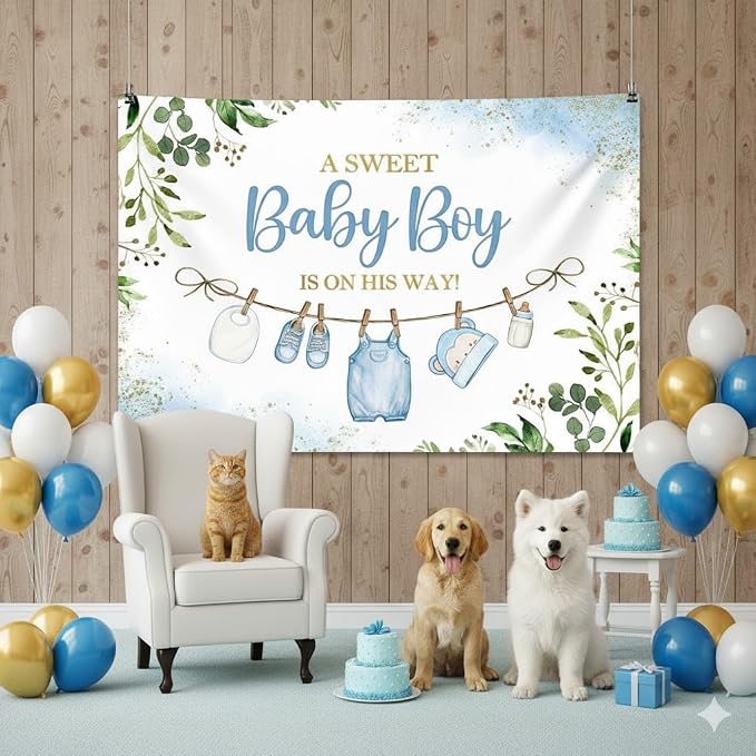 7x5ft Cute Clothes Baby Shower Backdrop for Boys a Sweet Baby Boy is on The Way Newborn Kids Blue Leaves Gold Dots Baby Shower Party Decorations Banner Supplies Photo Booth Props