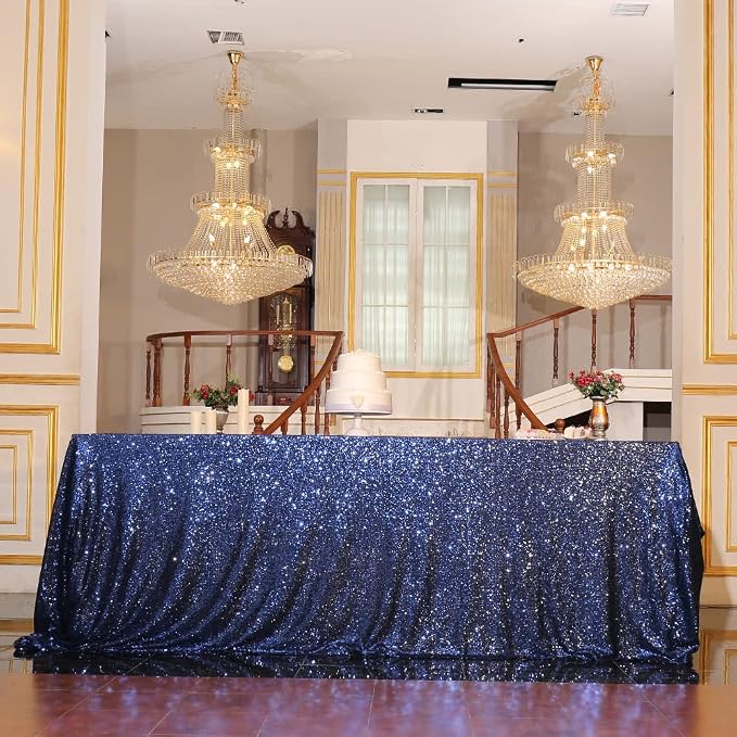 Eternal Beauty Navy Blue Tablecloth, 90x132 Inch Sequin Rectangle Table Cover for Cake Dessert Exhibition Party Birthday Events
