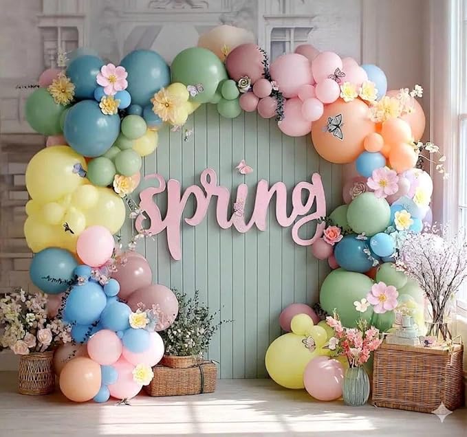 Pink Blue Green Balloon Arch Kit with Artificial Flowers, Double Stuffed Light Baby Yellow Pink Blue Green Pastel Floral Balloon Garland for Baby Shower Wedding Birthday Fairy Spring Tea Party Decor