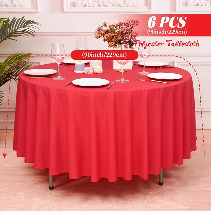 6 Pack Red Round Tablecloth 90 Inch, Waterproof Polyester Table Cloth for Round Tables Red Tablecloths Stain and Wrinkle Resistant Washable Fabric Table Cover for Party Dining Wedding Banquet