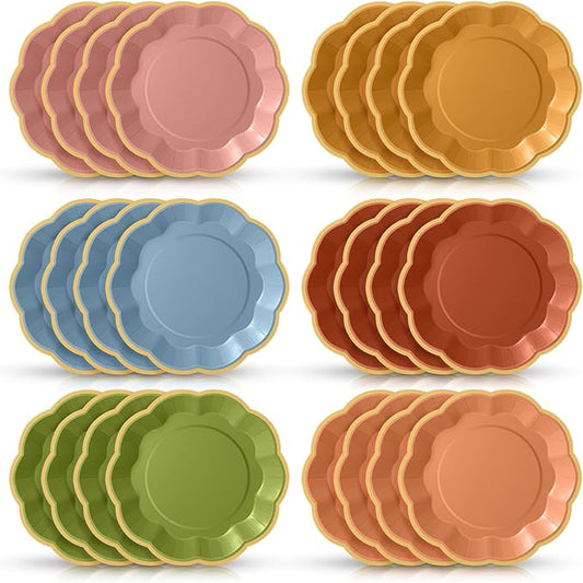 72 Pcs Fall Wildflower Color Paper Plates 9 Inch Green Blue Orange Gradient Scalloped Paper Disposable Dinner Dessert Plates for Birthday Wedding Bridal Party Supplies, 6 Colors