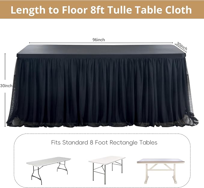 leegleri 4 pk Black Tulle Table Cloths for 8 Foot Rectangle Tables, 2-in-1 Black Table Covers with Tulle Skirt,Wrinkle Free Stretchy Ruffle Tulle Tablecloth Fitted for Wedding Party Banquet Vendor