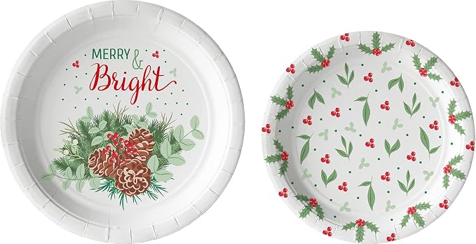 Traditional Christmas Tableware Pack: Disposable Paper Plates, Napkins and Cups Set for 20