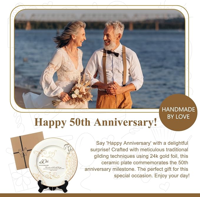 Urllinz 50th Anniversary Wedding Gifts for Couples Parents Grandparents- Golden Wedding Anniversary Keepsake Gift, 50 Year Marriage Plate with Stand, Ceramic with 24k Gold Foil, 9 inch