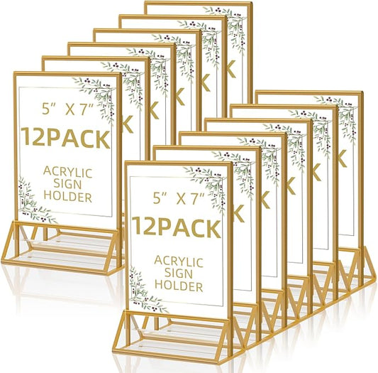 PPH-Sisy Gold Frames 5x7 Acrylic Sign Holder Double Sided Picture Frames for Wedding Table Number Menu Flyer Display for Office Home Party- Pack of 12