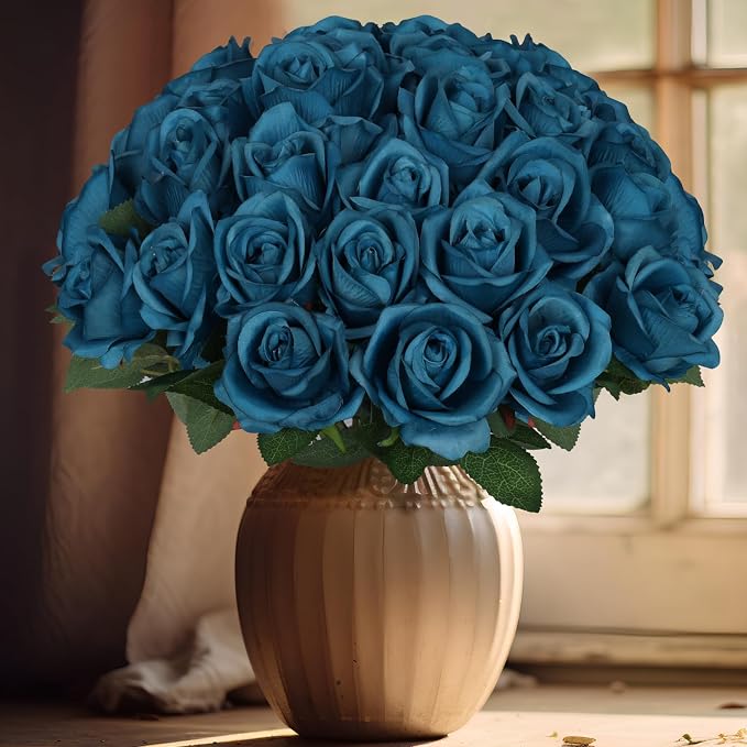 90pcs Teal Roses Artificial Flowers, Fake Velvet Silk Rose Bulk Faux Flower for Decoration DIY Wedding Centerpieces Proposal Bridal Bouquets Shower Party Home Floral Decor
