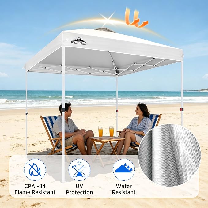 EAGLE PEAK Pop Up Canopy Tent with Wheeled Carry Bag, 8 Stakes, 4 Ropes, Easy Set Up Tent Canopy, 8x8 ft, White