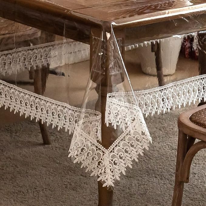 ARTABLE Vinyl PVC Rectangle Tablecloth Waterproof Clear Table Cover with Champagne Lace Macrame Border for Wedding Kitchen Home Outdoor Indoor Holidays Party Decor (Off White, 60 x 120 Inch)