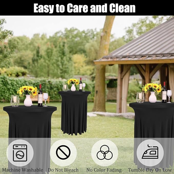 Fivenl 6 Pack Round Cocktail Tablecloth 32"x 43" Spandex Cocktail Table Skirt, Washable Stretch Fitted Table Covers for High Top Bar,Wedding,Party,Events (Black)