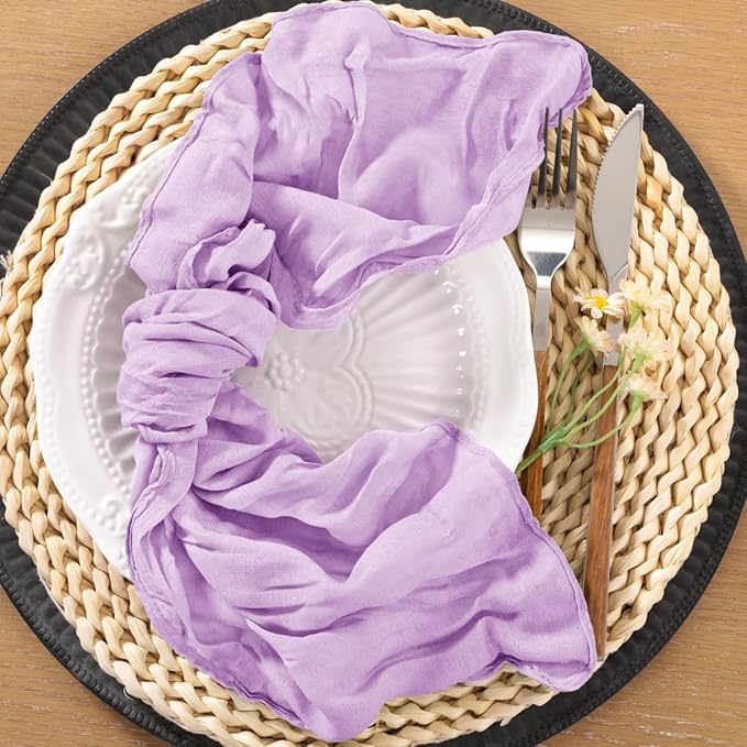 25pcs Lilac Cheesecloth Napkins Mother‘s Day Spring Washable Boho Rustic Gauze Table Cloth Napkins Bulk 21x21 Inches for Wedding Party Bridal Baby Shower Birthday Table Decor