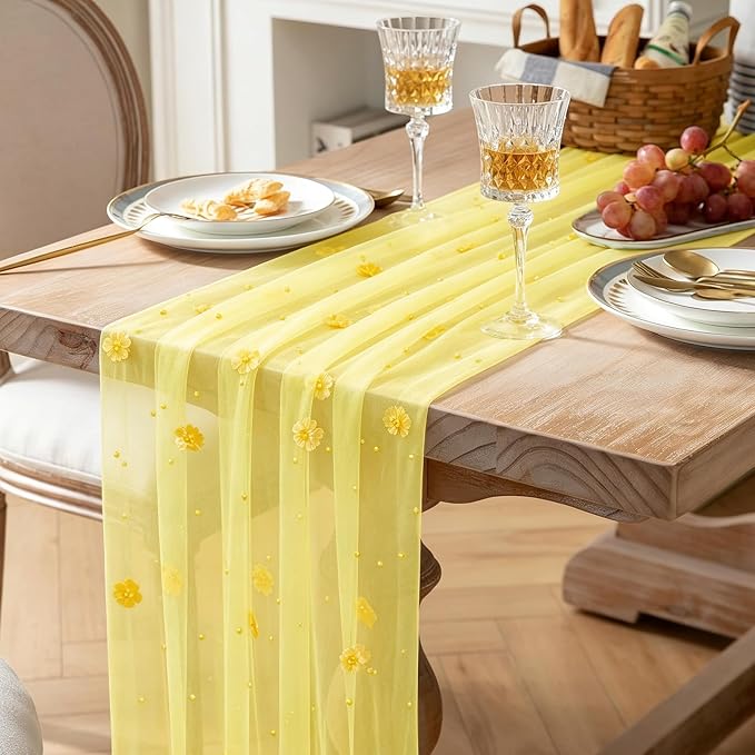 BINBE 4pcs Flower Pearl Table Runner Spring Summer Rustic Boho 10ft Tulle Table Runner for Baby Shower Wedding Veil Holiday Dessert Table Decor Yellow