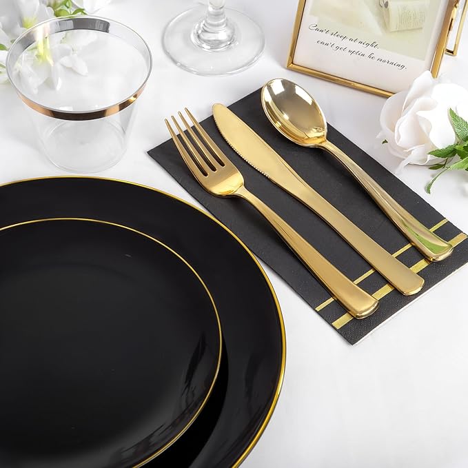 NOCCUR 350PCS Black and Gold Plastic Plates - Black Disposable Dinnerware Set for 50 Guests, 100 Dinner/Dessert Plates, 150 Gold Silverware, 50 Cups&50 Napkins for Party/Birthday/Graduation