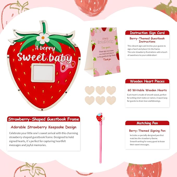 Strawberry Baby Shower Decorations,Berry Sweet Baby Shower Guest Book Alternatives with Strawberry Pen,Photo Frame and 60 Heart Wood Slices for 60 Guests,Gender Reveal Decorations