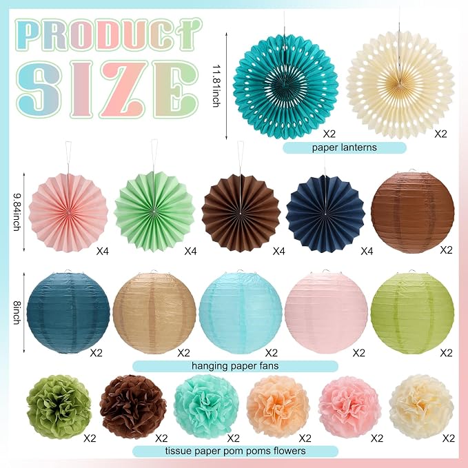 MotiMind 30 Pcs Boho Classroom Decorations Set, Hanging Paper Lanterns Paper Fans Tissue Pom Poms, Back to School Neutral Bulletin Board Hanging Decor for Ceiling Wall Birthday Backdrop Party Supplies