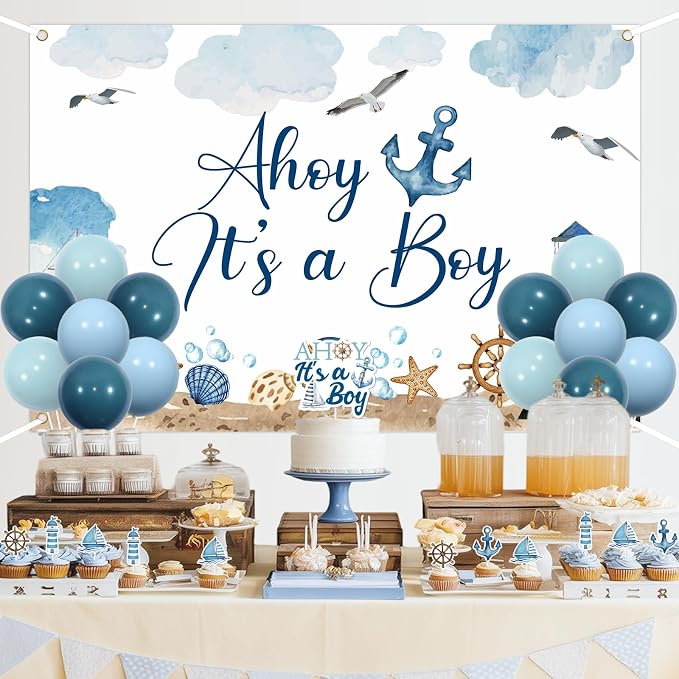 Ahoy It's a Boy Baby Shower Decorations Blue Nautical Backdrop Banner Navy Blue Cake Cupcake Topper Sash Latex Balloons Ocean Ship Anchor Lighthouse Decor for Sailor Theme Baby Shower Ocean Party