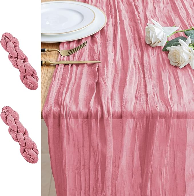 2PCS Table Runner Cheesecloth 10FT Dusty Rose Boho Gauze Cheese Cloth Rustic Sheer Table Runners for Wedding Birthday Bridal Baby Shower Party Decoration