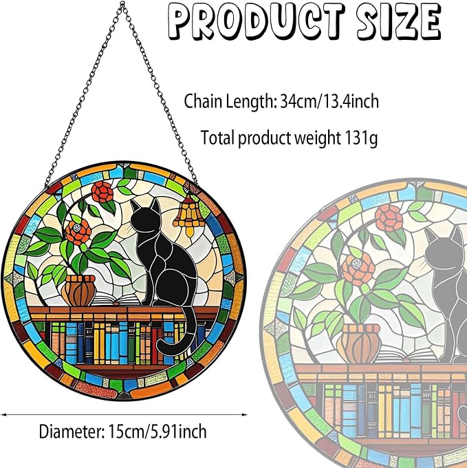 Cat Sun Catcher Stained Glass Window Hanging 6'', Book Lover Gifts for Women Book Wall Decor Handmade Sun Catcher Black Cat Sitting On Bookshelf Decoration for Home Room Housewarming Gifts