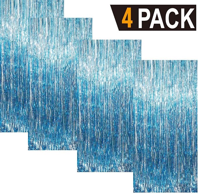 GOER 3.2 ft x 9.8 ft Metallic Tinsel Foil Fringe Curtains Party Photo Backdrop Party Streamers for Birthday,Graduation,New Year Eve Decorations Wedding Decor (4 Packs,Blue)