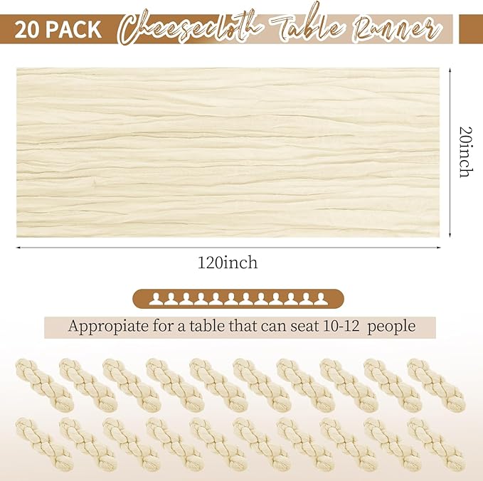 20 Pack Ivory Table Runner 10Ft Cheesecloth Table Runner Boho Gauze Cheese Cloth Table Runners Romantic Long Sheer Fabric Cream Table Runners for Wedding Party Bridal Shower