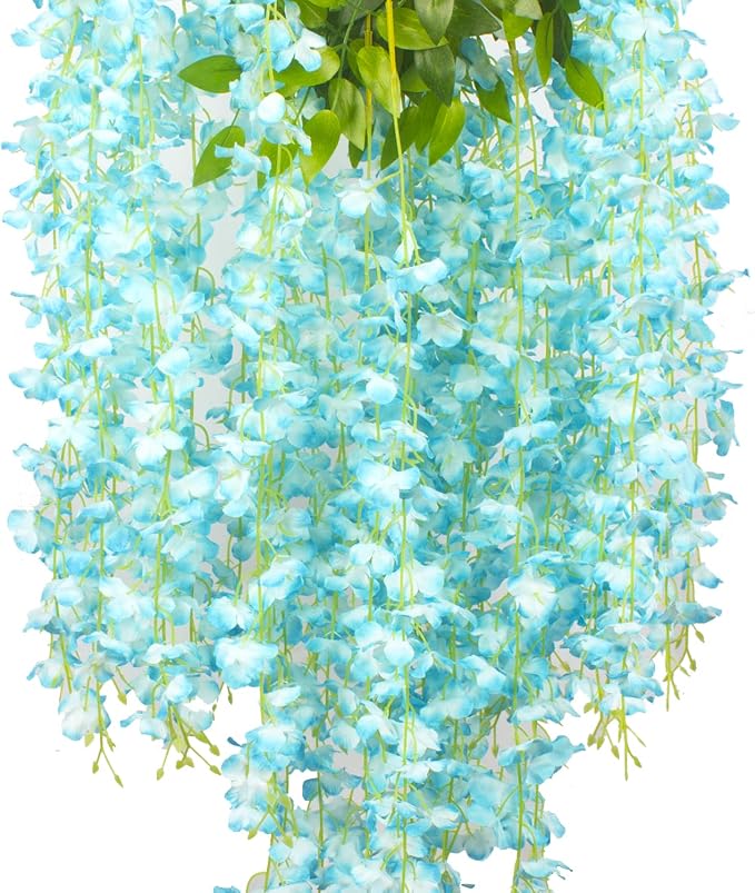 AITISOR 12 Pack Artificial Flowers Silk Wisteria Vine Ratta Hanging Flower (Sky Blue)