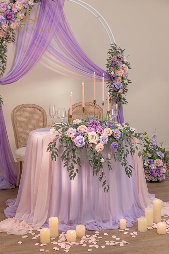 TINGE TIME Artificial Sweetheart Flower Swag with Tablecloth and Table Runner, Pack of 3 Floral Arrangement for Wedding Sweetheart Table Centerpiece Decoration (Violet & Misty Rose)