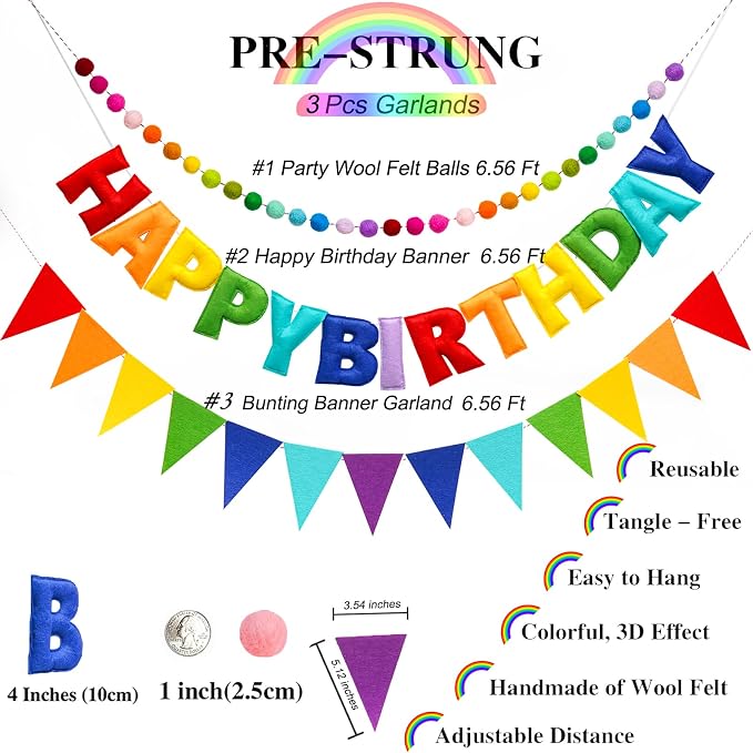 3 Pcs Pre-Strung Happy Birthday Banner, Felt Ball Garland, Pennant Triangle Flags, Rainbow Party Decorations, HAPPY BIRTHDAY Garland, Personalized Holiday Sign for Birthday Decor, Party Supplies, Photo Prop ( Felt Banner + Pennant Flags + Rainbow Balls)
