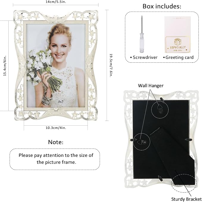 4x6 Vintage Metal Picture Frame White Pearl Photo Frame Wedding Decoration, Clear Glass Front, Unique Tabletop or Wall Display, Mothers Day Gifts for Mom Women, Horizontally & Vertically