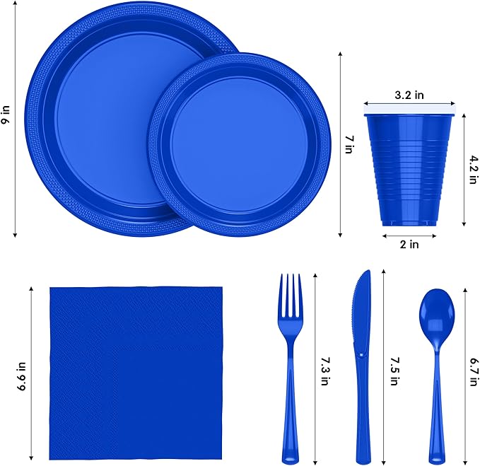 350 Pcs Dark Blue Plastic Plates For Party, Dark Blue Disposable Plates Set, 50 Of Each 9" Dinner Plate Set, 7" Dessert Plate, Cups, Napkins & Cutlery Plastic Dinnerware Set Exquisite