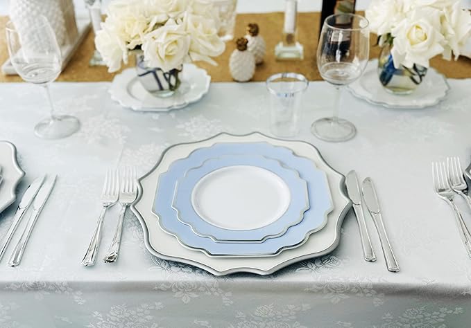 OCCASIONS 240 Heavyweight Disposable Plastic Plates (120 Guests) - Fancy Wedding Party Dinnerware, 120 Each 10.5" Dinner & 8" Dessert (Imperial in White/Blue & Silver)