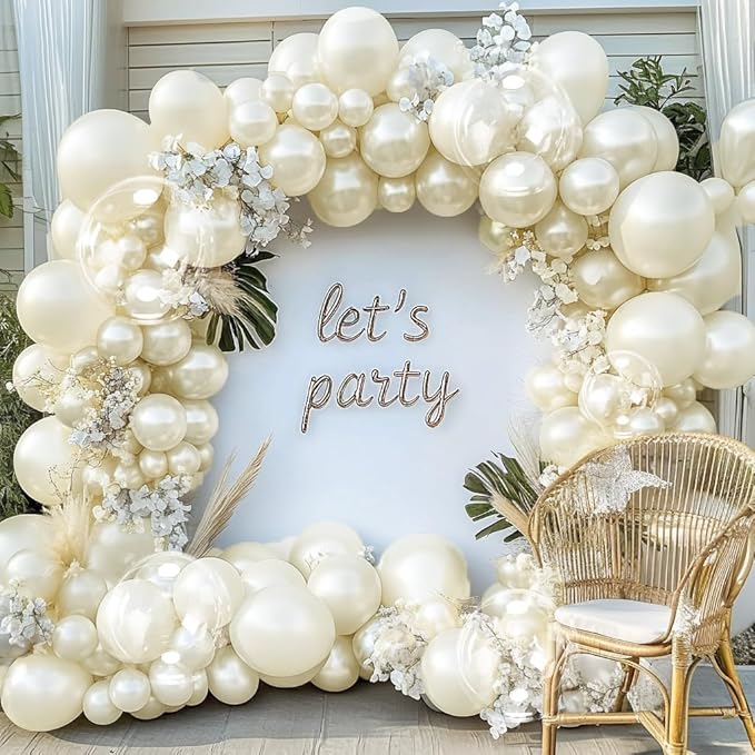 Pearl Ivory White Balloon Arch Double Stuffed Pastel White Ivory Cream Beige Balloon Garland Kit Different Sizes With Clear Balloons for Birthday Wedding Bridal Baby Shower Mothers Day Party Decor