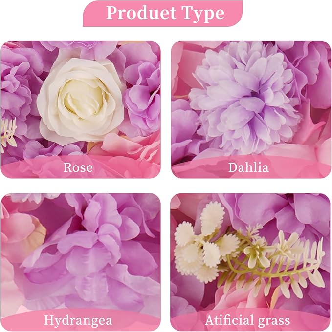 3D Flower Wall Backdrop - 12Pcs 15×15 Inch Artificial Rose Panels Pink & Purple Silk Floral Decor for Home Party Wedding Anniversary Birthday Photographic Studio Background & Decorative Fences