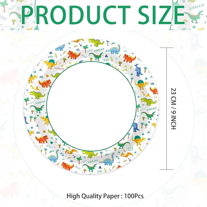 Grencian 100 Pcs Kids Dinosaur Plates Dinosaur-Themed Disposable Heavy Duty Paper Plates 9" Round Large Dino Plate for Boys Kids Dino Lovers Birthday Baby Shower BBQ Graduation Party Decor