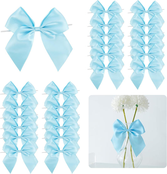 5'' Blue Bow Party Decorations Satin Bows, Twist Tie Bows for Treat Bags, Cake Pops, Pre-Tied Bow Premade Ribbon Bows for Crafts, Holiday Bows for Gift Wrapping, Wedding Decor-24 Counts